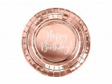Lėkštutės Happy Birthday, rožinio aukso  (6 vnt./18 cm)
